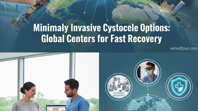 World map showing major global cities and skylines overlaid on a woman's abdomen with small band-aids, symbolizing minimally invasive surgery and medical tourism for fast cystocele recovery.