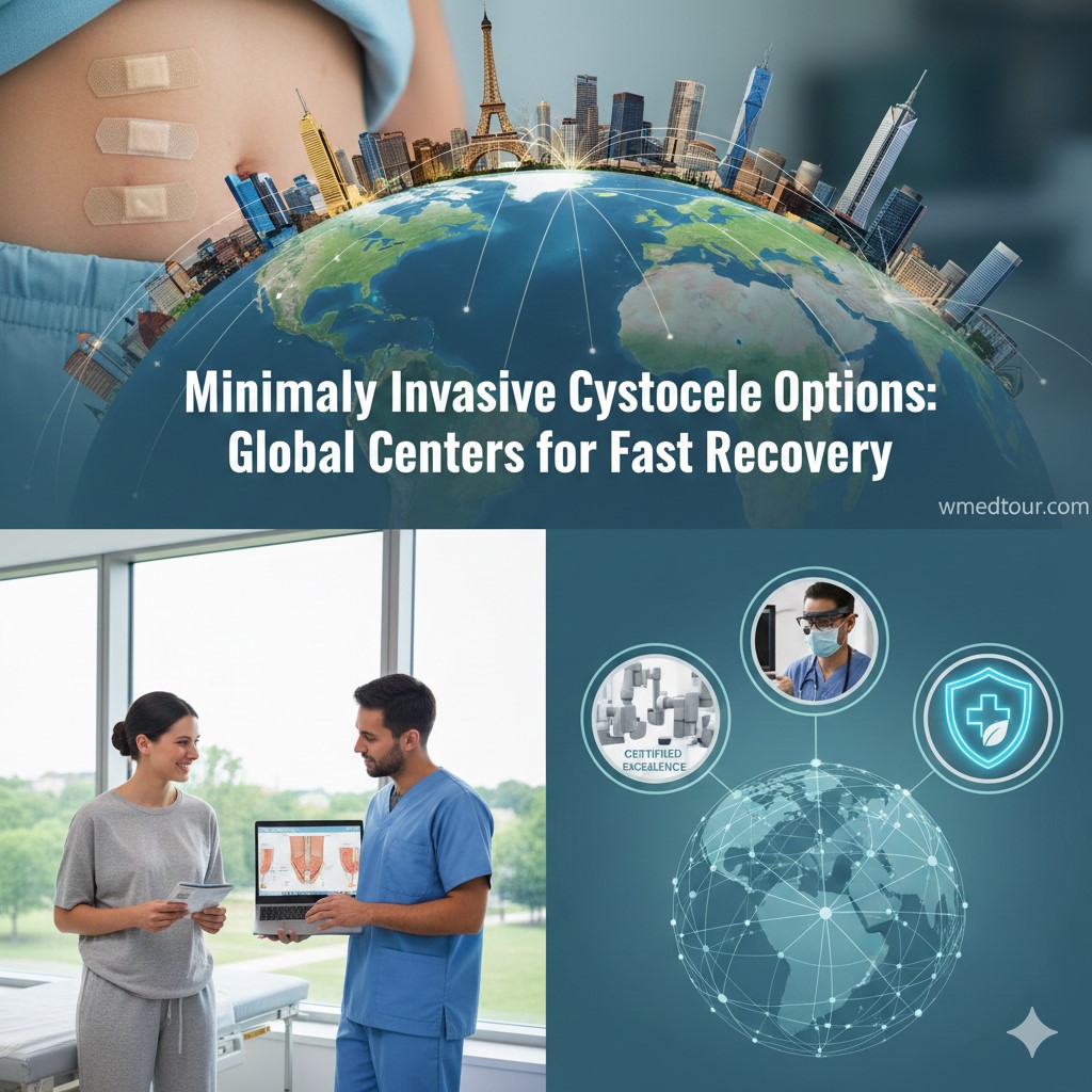 World map showing major global cities and skylines overlaid on a woman's abdomen with small band-aids, symbolizing minimally invasive surgery and medical tourism for fast cystocele recovery.