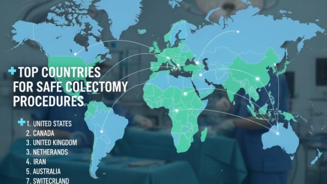 An infographic showing a world map overlaid on a blurred blue surgical room. A list highlights top countries for safe colectomy procedures, including the United States, Canada, and the United Kingdom.