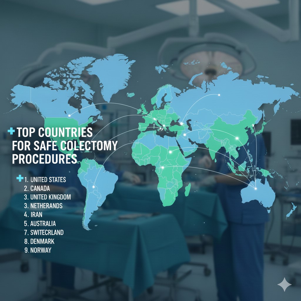 An infographic showing a world map overlaid on a blurred blue surgical room. A list highlights top countries for safe colectomy procedures, including the United States, Canada, and the United Kingdom.