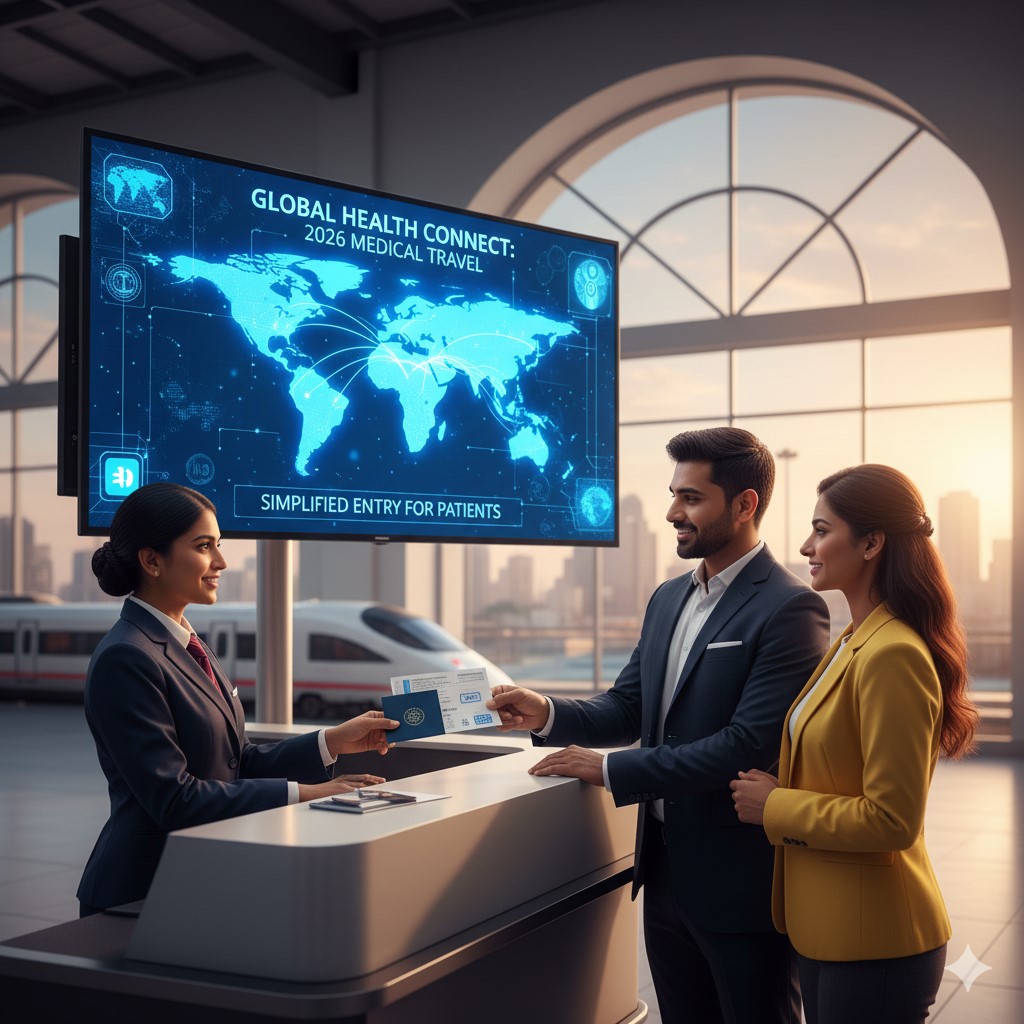 A man and a woman in business attire present a passport and travel documents to a uniformed attendant at a futuristic service desk. A large digital screen in the background displays a world map titled "Global Health Connect: 2026 Medical Travel," with a high-speed train and a city skyline visible through large windows.