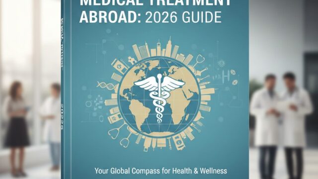 A professional book cover titled "Best Countries for Medical Treatment Abroad: 2026 Guide" featuring a teal background, a central caduceus symbol over a world map, and a list of top medical destinations including South Korea, Thailand, Singapore, and Germany.