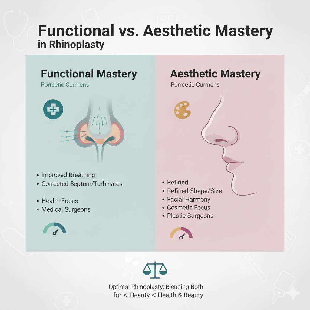 Infographic comparing Functional Mastery and Aesthetic Mastery in Rhinoplasty. Functional Mastery focuses on the internal structure, listing improved breathing, corrected septum/turbinates, health focus, and medical surgeons. Aesthetic Mastery focuses on the external appearance, listing refined shape/size, facial harmony, cosmetic focus, and plastic surgeons. Below the two columns, a scale graphic indicates that optimal rhinoplasty blends both health and beauty.