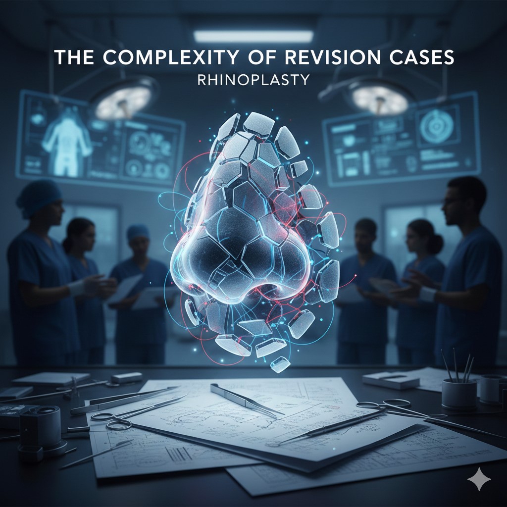 A highly technical, abstract image showing a fragmented, glowing 3D model of a nose floating above a surgical table covered with instruments, planning papers, and a pen. In the background, a medical team in scrubs reviews holographic patient data displays. The scene emphasizes the intricate and complex nature of revision rhinoplasty.
