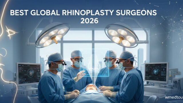 Best global rhinoplasty surgeons 2026—high-definition image showing an operating room, a glowing nasal profile overlay, and a natural-looking rhinoplasty before-and-after result. Focus on surgical expertise and aesthetic outcome.