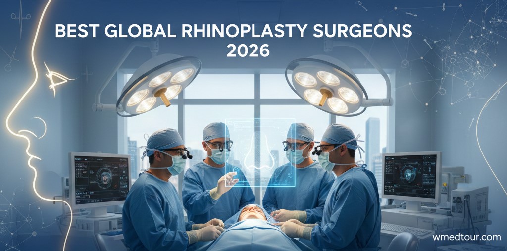 Best global rhinoplasty surgeons 2026—high-definition image showing an operating room, a glowing nasal profile overlay, and a natural-looking rhinoplasty before-and-after result. Focus on surgical expertise and aesthetic outcome.