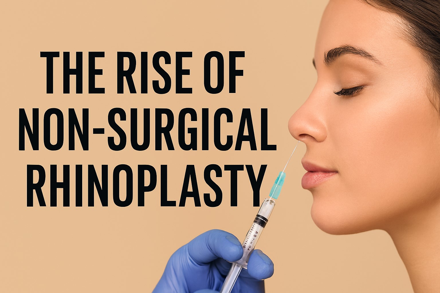 Close-up of a woman’s profile receiving a non-surgical rhinoplasty injection with a syringe held by a gloved hand, set against a beige background with bold text.