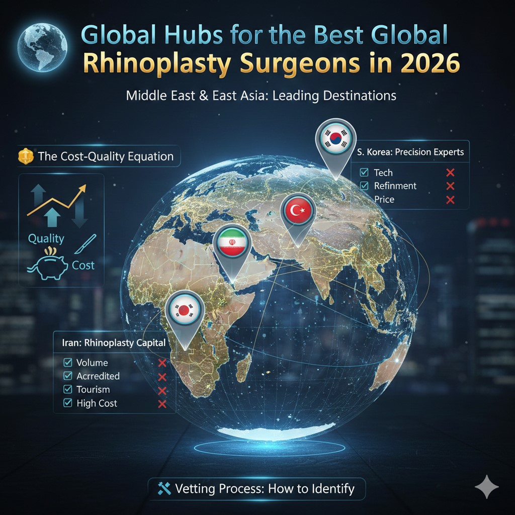 Infographic map highlighting the top three global hubs for rhinoplasty surgeons in 2026: Iran (Rhinoplasty Capital), Turkey (Bridge of Aesthetic Excellence), and South Korea (Precision Experts), with a callout for the cost-quality equation.