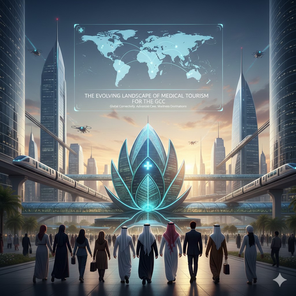 A futuristic cityscape in the Middle East featuring a central lotus-shaped medical facility with a glowing blue cross. A group of diverse people in traditional and professional attire walk toward the building under a digital holographic world map displaying global connectivity.