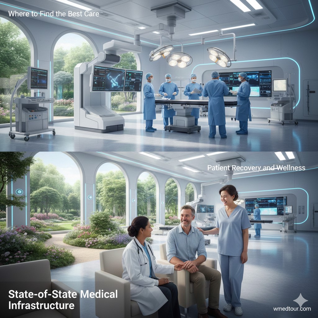 A bright, modern hospital setting with medical professionals and patients, representing global healthcare quality.