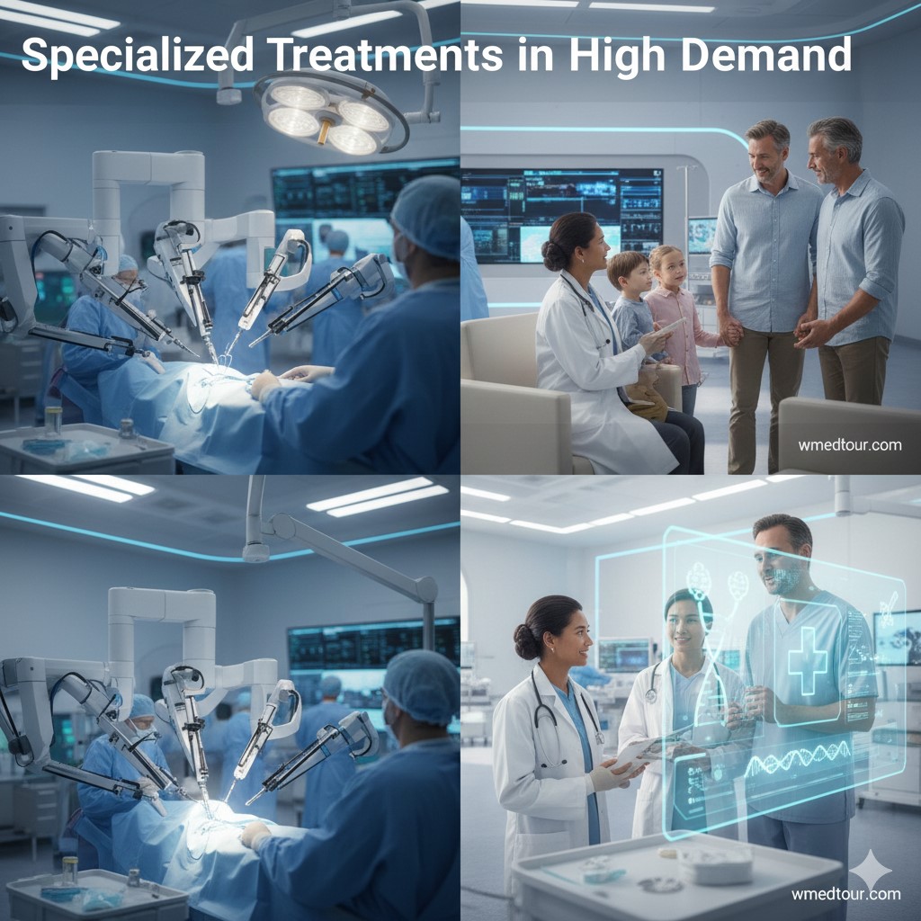 Advanced robotic surgery equipment in a modern hospital, representing specialized medical treatments in high demand for 2025.