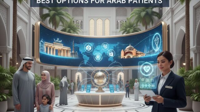 A professional image showing an Arab family (man, woman, and child) in traditional dress in a modern, luxurious healthcare facility lobby. A staff member reviews data on a tablet. Behind them, a curved digital screen displays global landmarks and the text: 'BEST OPTIONS FOR ARAB PATIENTS' and Arabic text, suggesting a focus on medical travel or specialized services.