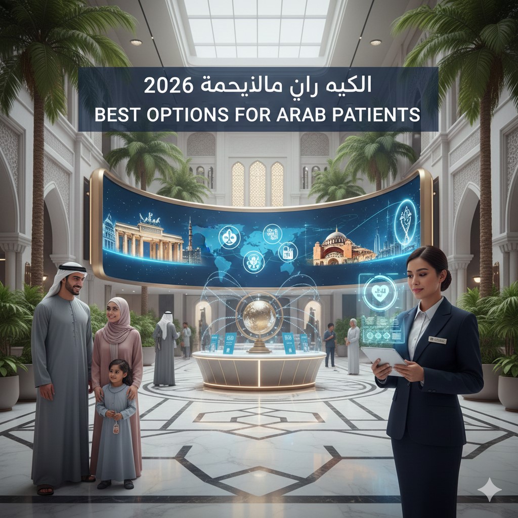 A professional image showing an Arab family (man, woman, and child) in traditional dress in a modern, luxurious healthcare facility lobby. A staff member reviews data on a tablet. Behind them, a curved digital screen displays global landmarks and the text: 'BEST OPTIONS FOR ARAB PATIENTS' and Arabic text, suggesting a focus on medical travel or specialized services.