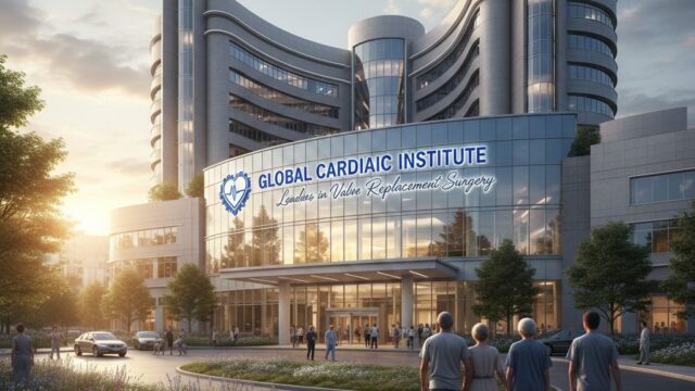 A modern, multi-story glass medical facility named "Global Cardiac Institute" at sunset, with a family walking toward the entrance and greenery in the foreground.