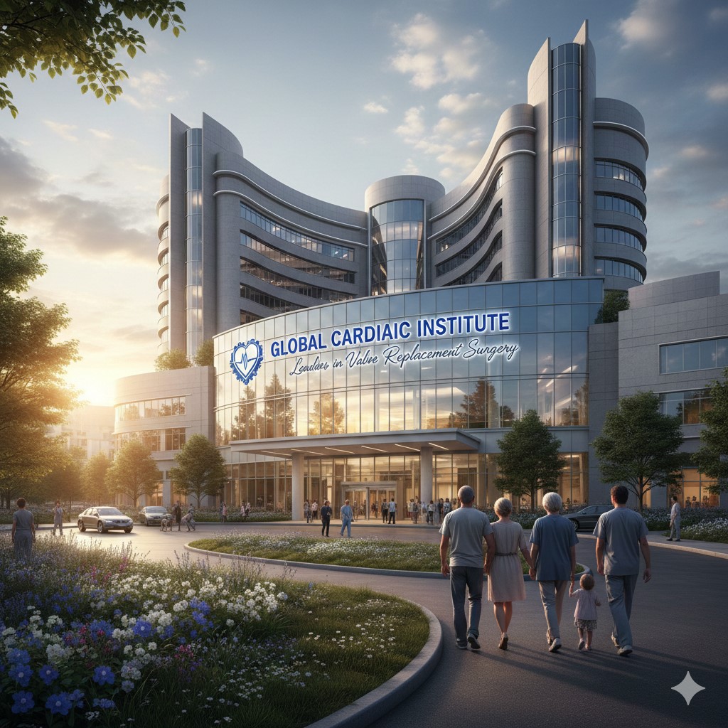 A modern, multi-story glass medical facility named "Global Cardiac Institute" at sunset, with a family walking toward the entrance and greenery in the foreground.