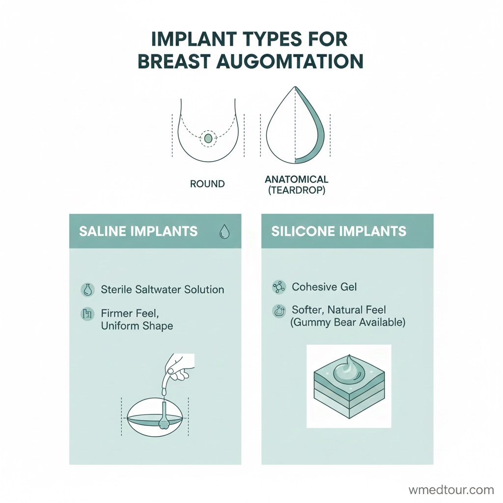 visual comparison of breast implant types: smooth round silicone gel, textured teardrop (anatomical), saline, and structured implants, showing differences in texture and profile.