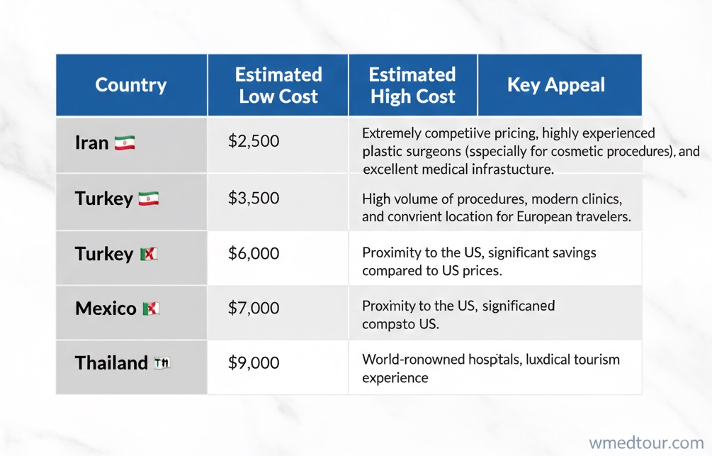 Bar chart comparing the estimated low and high costs for breast augmentation procedures in 2026, highlighting Iran as the cheapest option, followed by Turkey, Mexico, and Thailand.