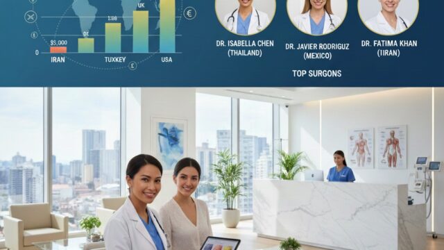 Infographic detailing an all-inclusive breast augmentation package, showing icons for surgery, hospital stay, airport transfer, and 4-star hotel accommodation.