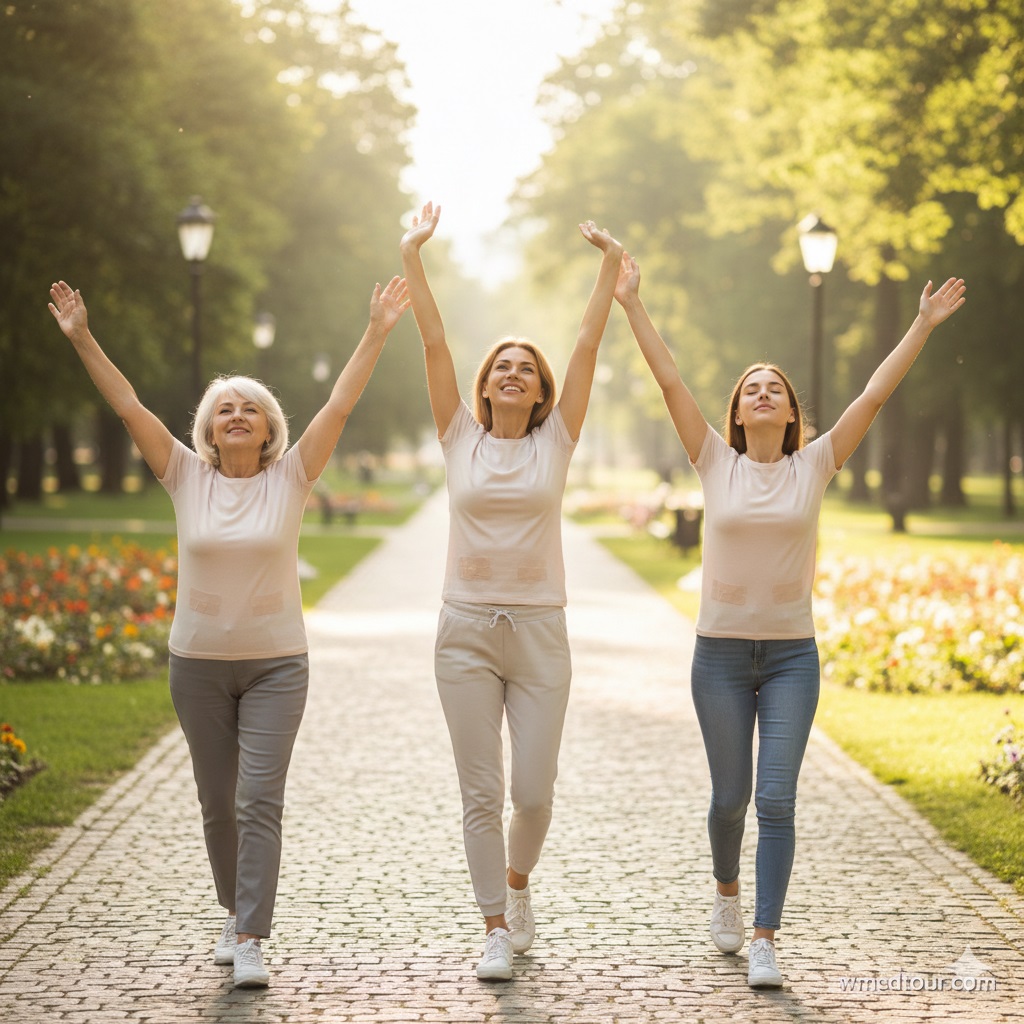 Three diverse women smiling and walking outdoors in a park with their arms raised in triumph and freedom, representing the positive physical and emotional outcomes of breast reduction surgery.