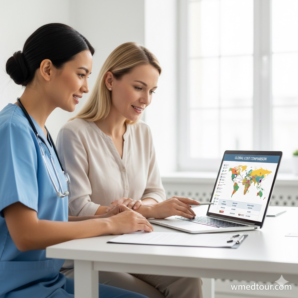 A healthcare professional, possibly a doctor or medical tourism advisor, is sitting with a female patient, showing her a laptop screen displaying a world map with "Global Cost Comparison" for medical procedures. The patient is engaged and looking at the information.