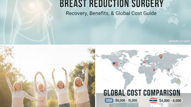 A collage featuring a subtle outline of a female torso highlighting the chest area, a map with global cost comparisons for breast reduction surgery, and a group of happy women with raised arms, symbolizing post-surgery relief and freedom. The main title "BREAST REDUCTION SURGERY Recovery, Benefits, & Global Cost Guide" is prominently displayed.