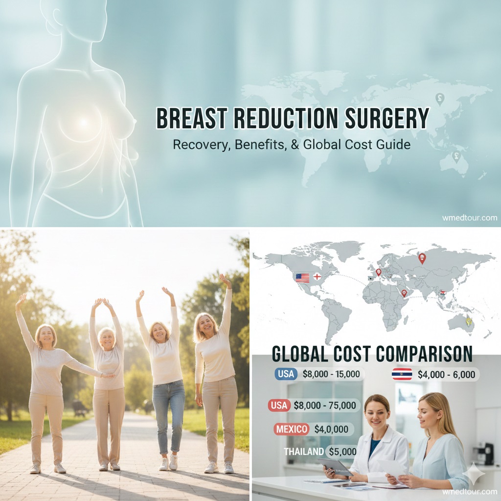 A collage featuring a subtle outline of a female torso highlighting the chest area, a map with global cost comparisons for breast reduction surgery, and a group of happy women with raised arms, symbolizing post-surgery relief and freedom. The main title "BREAST REDUCTION SURGERY Recovery, Benefits, & Global Cost Guide" is prominently displayed.