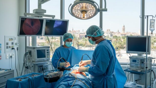 Two surgeons in blue scrubs and masks perform a laparoscopic colectomy procedure in a high-tech operating room featuring large windows with a Mediterranean city view, advanced monitoring screens, and surgical equipment.