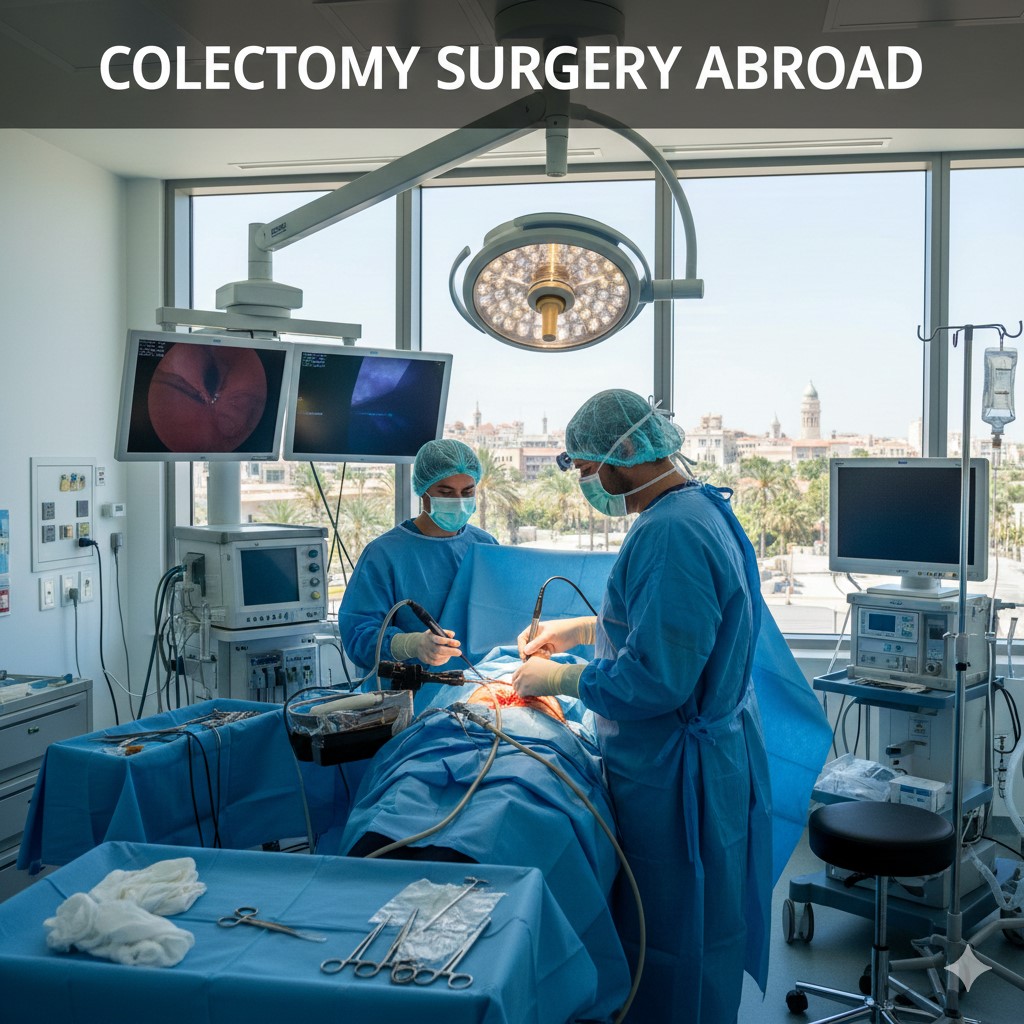 Two surgeons in blue scrubs and masks perform a laparoscopic colectomy procedure in a high-tech operating room featuring large windows with a Mediterranean city view, advanced monitoring screens, and surgical equipment.