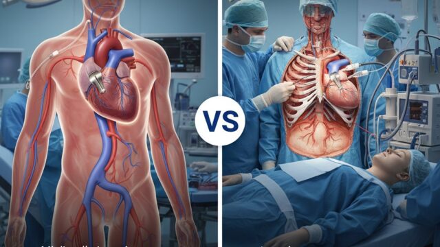 A side-by-side medical infographic comparing TAVI (minimally invasive catheter procedure) and traditional Open-Heart Surgery for heart valve replacement, showing anatomical diagrams and recovery benefits.