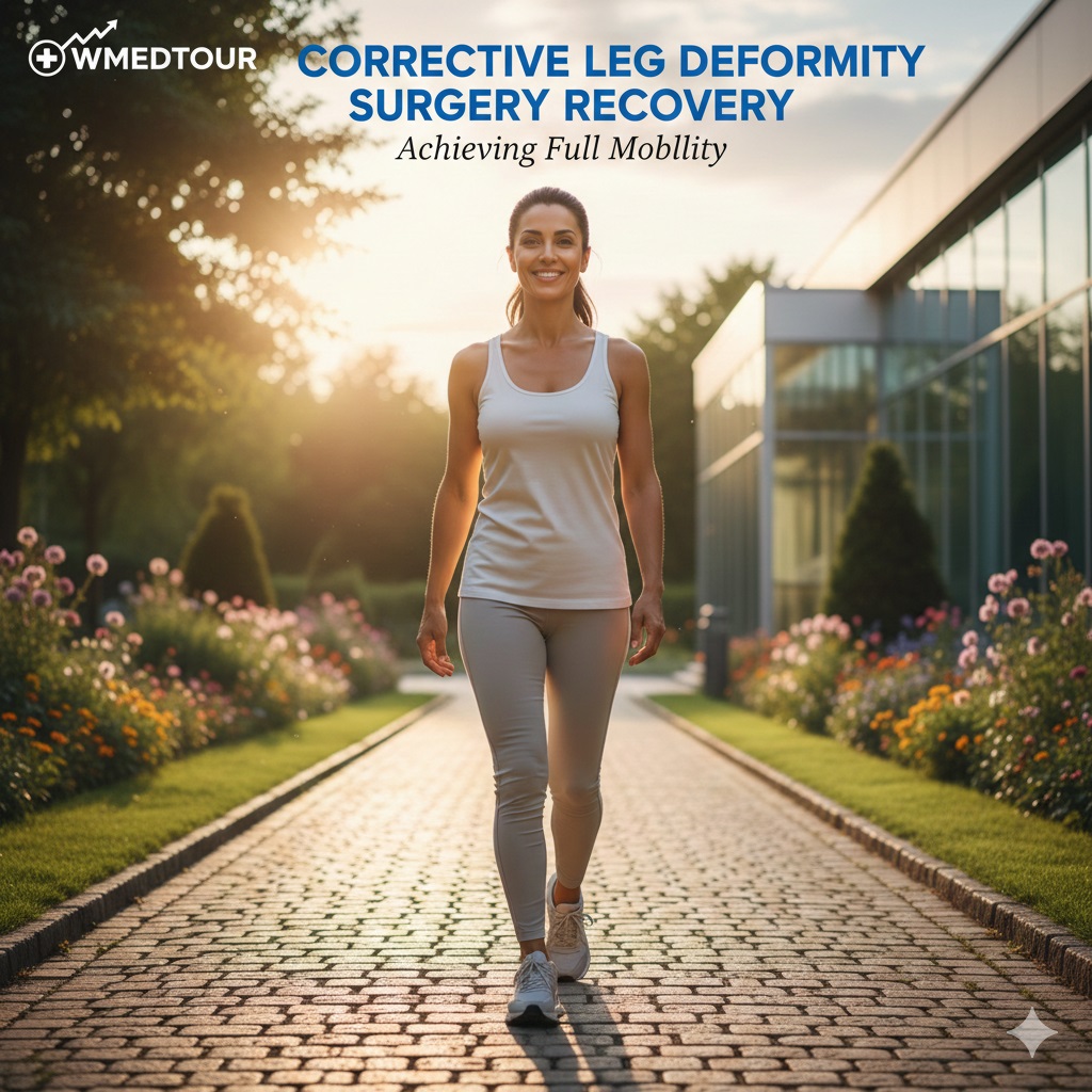 A smiling woman walking confidently with a straight gait on a sunny path, symbolizing successful corrective leg deformity surgery recovery and restored full mobility.