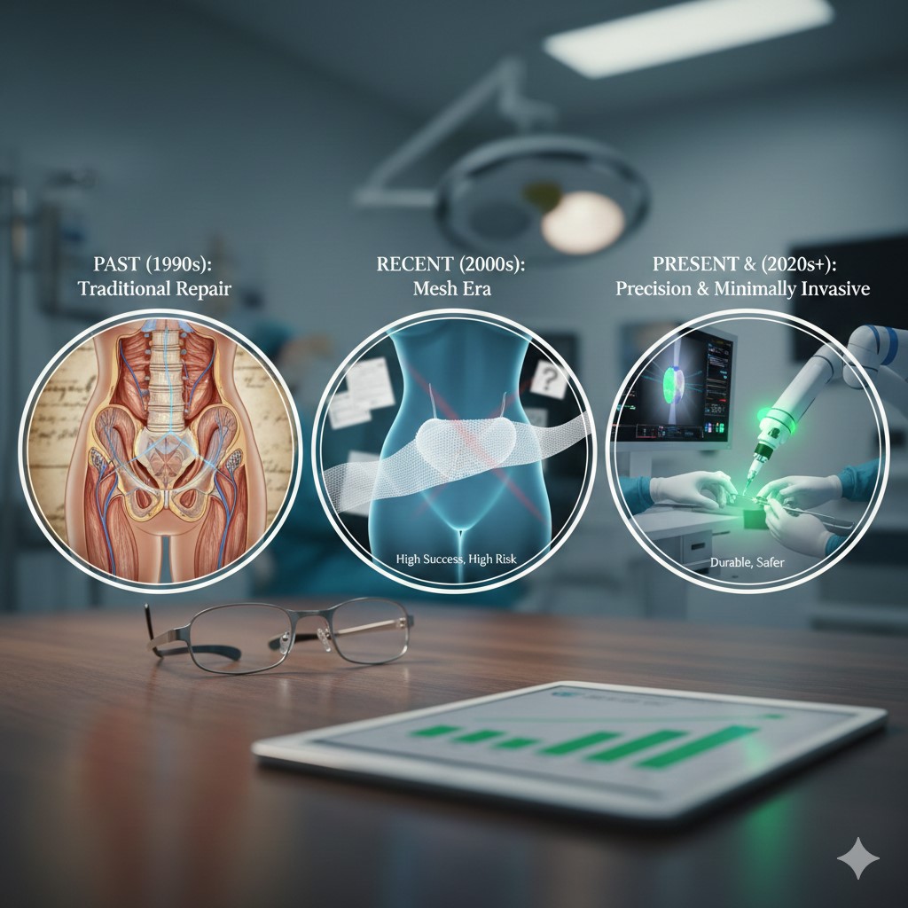 A three-part diagram showing the history of cystocele (bladder prolapse) surgery: 1) Past (1990s) - Traditional native tissue repair on an anatomical illustration. 2) Recent (2000s) - The Mesh Era, showing a synthetic mesh implant over a pelvic diagram. 3) Present (2020s+) - Minimally Invasive & Robotic Surgery, showing a surgical robot arm over a modern operating room monitor, symbolizing durable and safer precision repair.