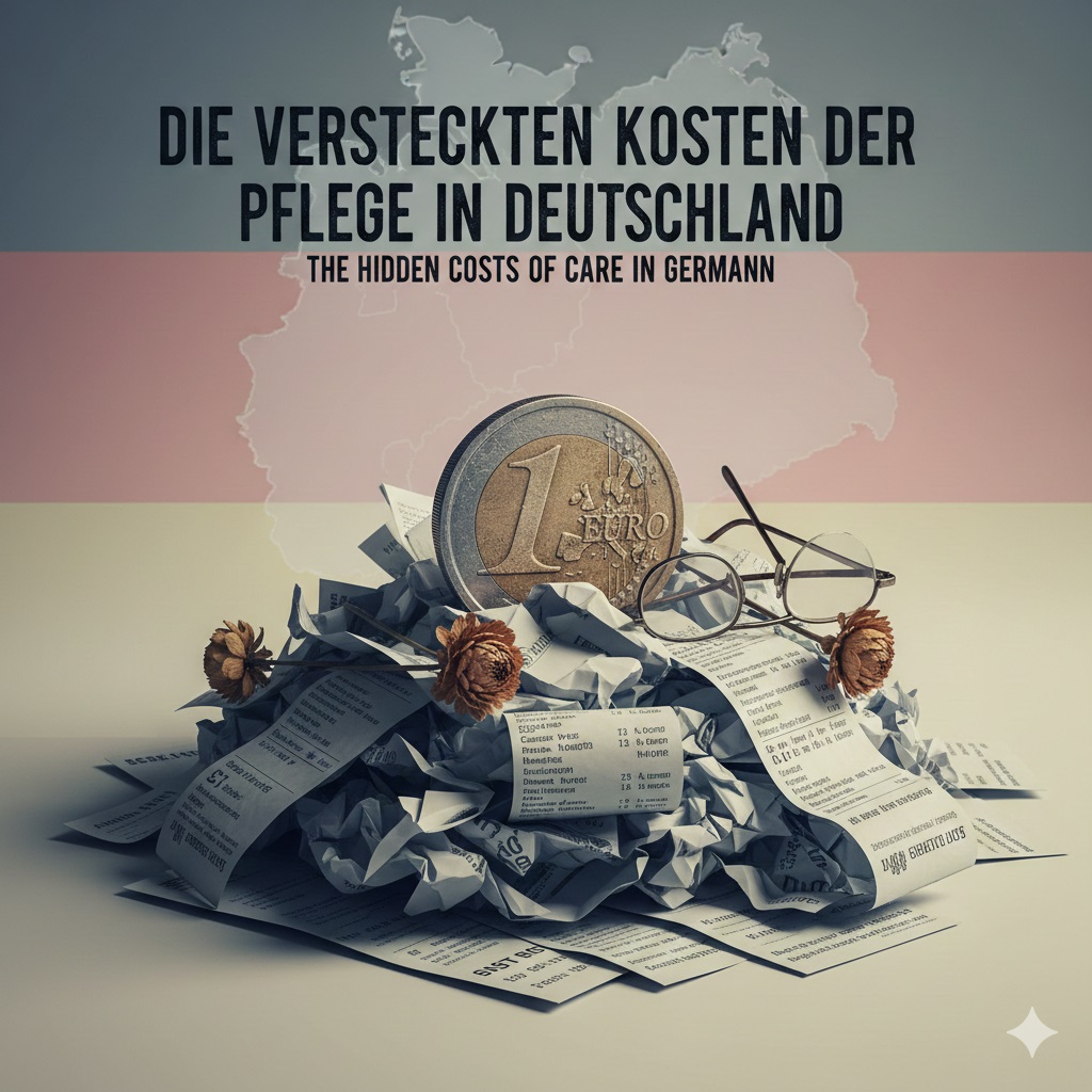 A symbolic image representing the high and hidden costs of elderly care in Germany. A large, weathered 1-Euro coin sits atop a mountain of crumpled bills and receipts. A pair of old-fashioned reading glasses and two dried flowers rest on the pile, which is set against a subtle, faded map outline of Germany.