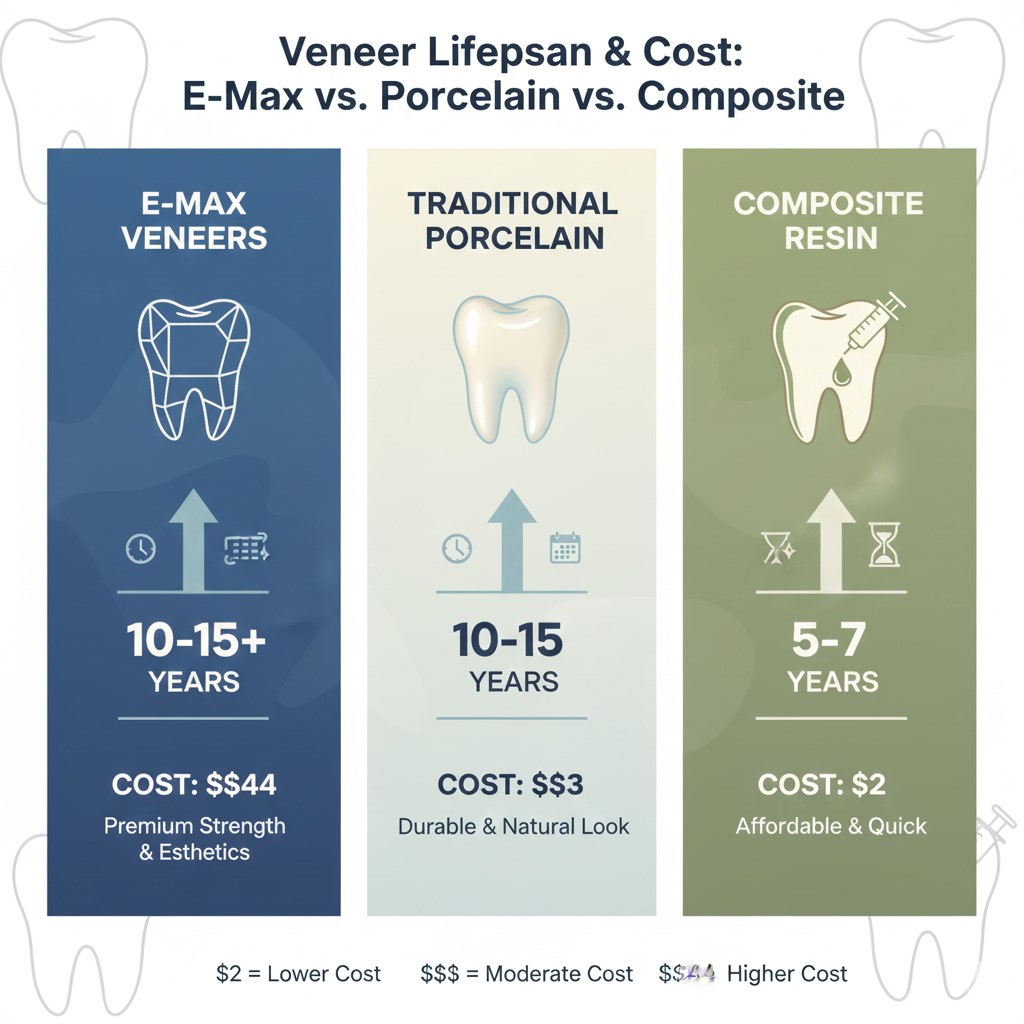 Infographic comparing the average lifespan and cost of three dental veneer types: E-Max, Traditional Porcelain, and Composite Resin. E-Max and Porcelain show a longer lifespan (10-15+ years) than Composite (5-7 years).