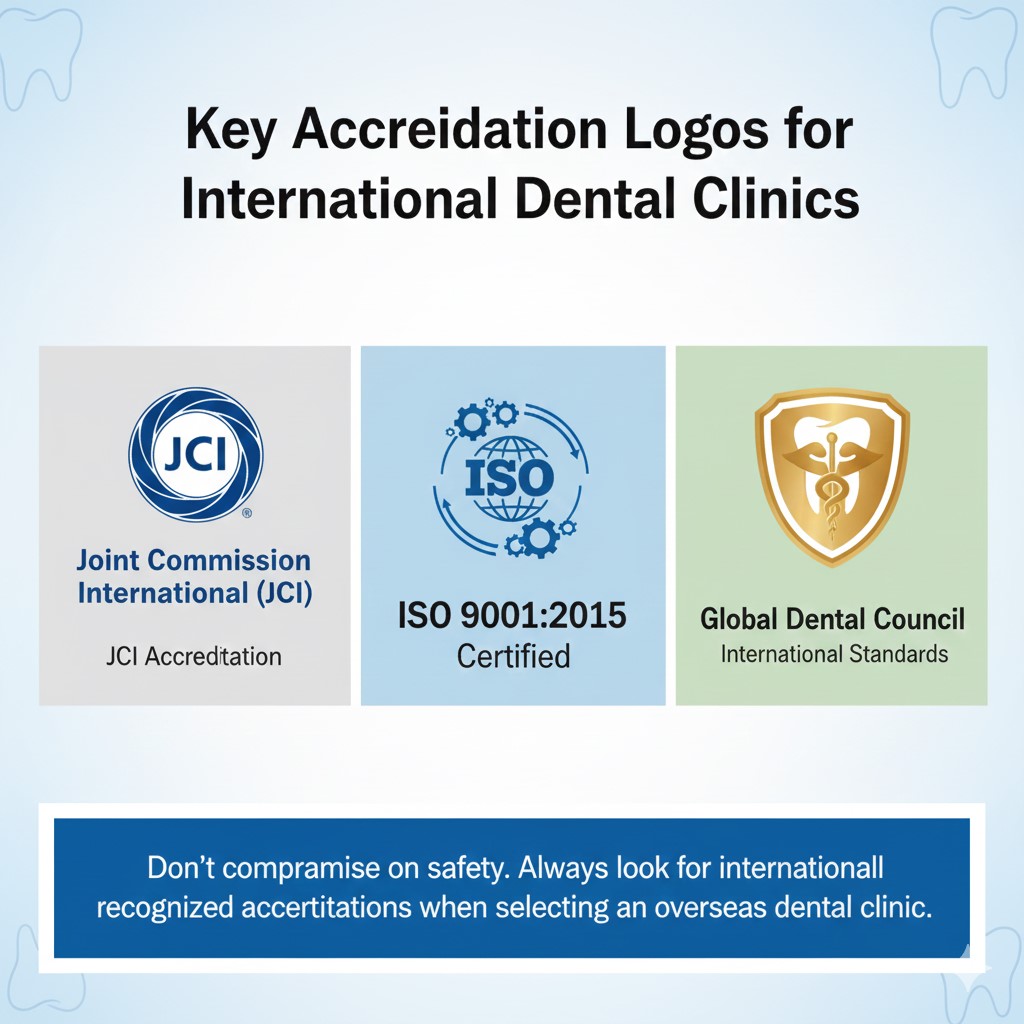 Graphic showing three recognized international healthcare accreditation and certification logos, such as the Joint Commission International (JCI), ISO Certification, and/or relevant national dental association logos from popular destinations (e.g., Turkish Dental Association).