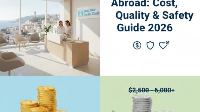 Close-up of a bright, perfect smile with dental veneers overlaying an image of a clean, modern overseas dental clinic. Below, a graphic compares the high cost of veneers in the USA/UK/Canada to the significantly lower cost in Turkey, Mexico, or Hungary, illustrating savings.