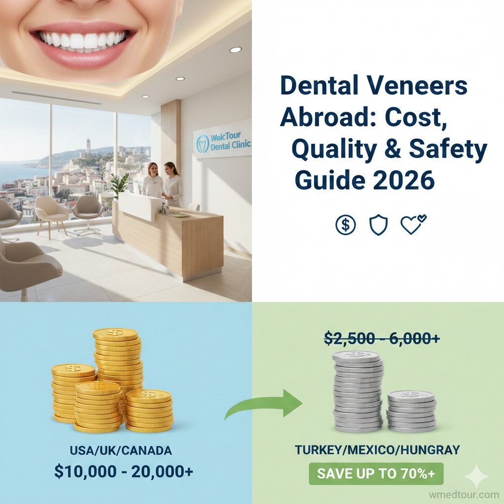 Close-up of a bright, perfect smile with dental veneers overlaying an image of a clean, modern overseas dental clinic. Below, a graphic compares the high cost of veneers in the USA/UK/Canada to the significantly lower cost in Turkey, Mexico, or Hungary, illustrating savings.