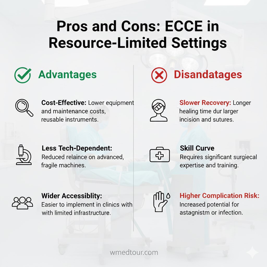 Infographic comparing the advantages (low cost, minimal equipment needed) and disadvantages (slower recovery, higher skill dependency) of using Extracapsular Cataract Extraction (ECCE) in low-resource or developing environments.