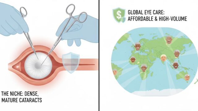 Close-up image of a surgeon's hands using instruments within a transparent shield over an eye, symbolizing the safe and controlled extraction of a mature cataract nucleus during ECCE or MSICS.