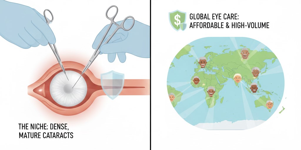 Close-up image of a surgeon's hands using instruments within a transparent shield over an eye, symbolizing the safe and controlled extraction of a mature cataract nucleus during ECCE or MSICS.