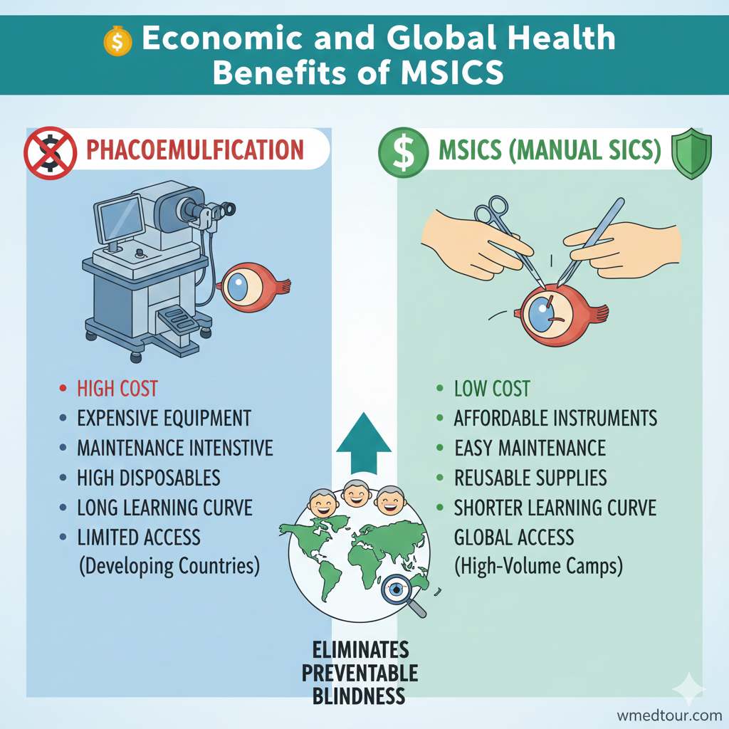 Comparative graphic contrasting Phacoemulsification (high cost, machine-dependent) with MSICS (low cost, manual technique) to illustrate the economic benefit of MSICS in tackling global cataract blindness.