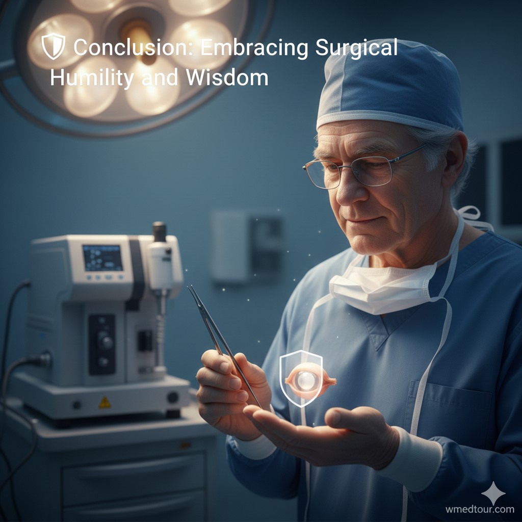 An experienced, older surgeon in an operating room, looking thoughtfully at his hands where a glowing, shielded eyeball is symbolically resting, representing the careful choice of surgical technique.