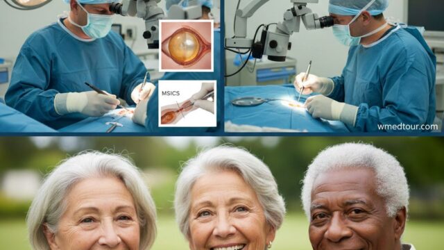 A composite image showing surgeons performing cataract surgery (ECCE/MSICS) and three happy, older patients post-surgery, with a diagram of a mature cataract and MSICS technique.