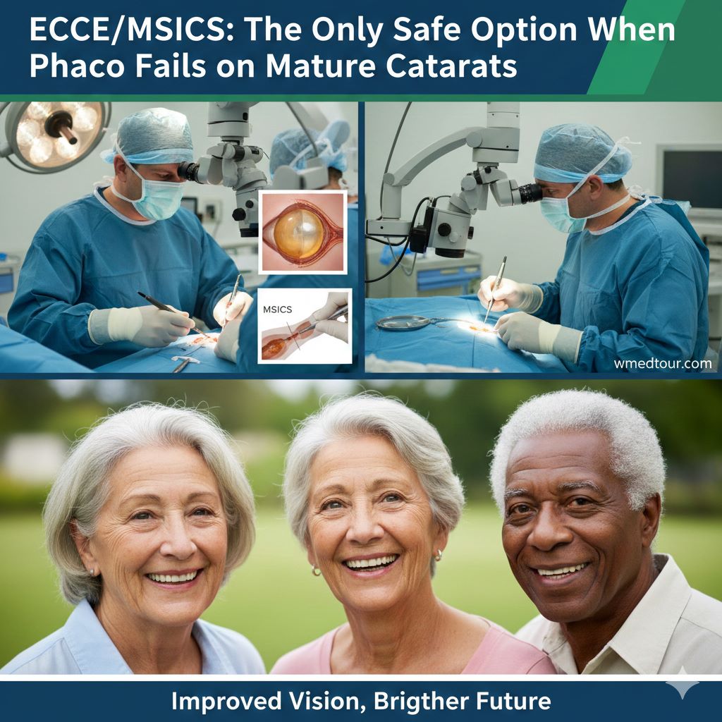 A composite image showing surgeons performing cataract surgery (ECCE/MSICS) and three happy, older patients post-surgery, with a diagram of a mature cataract and MSICS technique.