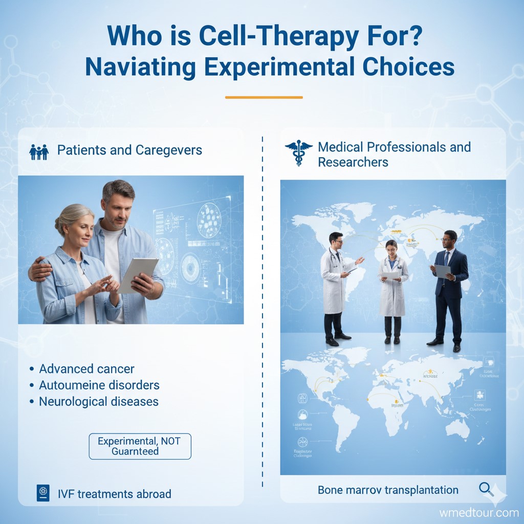 A graphic explaining who cell therapy is for, split into two columns. The left column, titled "Patients and Caregivers," shows a mature couple looking at a digital tablet with complex biological graphics. Below this are bullet points listing conditions: Advanced cancer, Autoimmune disorders, and Neurological diseases. A box at the bottom states "Experimental, NOT Guaranteed" and mentions "IVF treatments abroad." The right column, titled "Medical Professionals and Researchers," shows three doctors/researchers standing on a world map with medical centers and research connections highlighted, and a label for "Bone marrow transplantation."