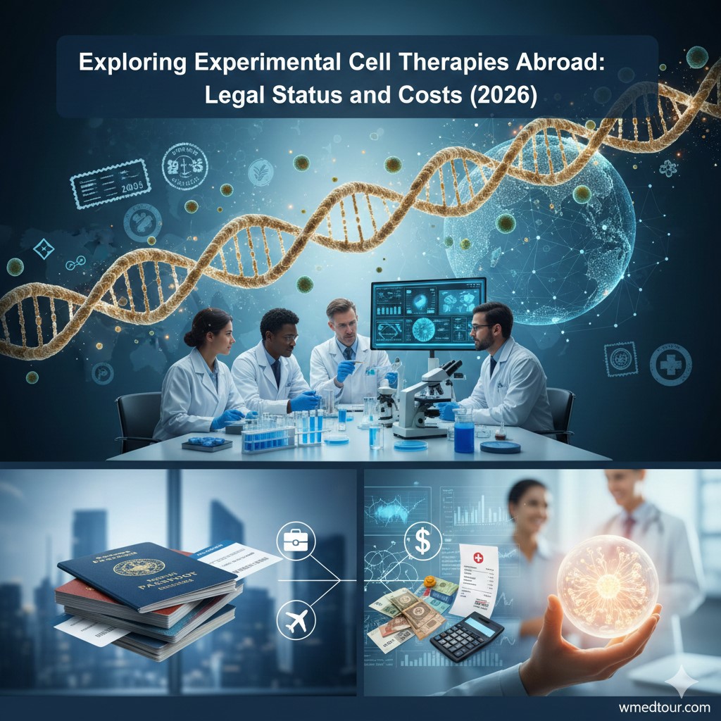 A composite image showing scientists in a lab with a DNA strand, passports/travel documents, and financial/cost analysis overlaid, representing the exploration of experimental cell therapies, their legal status, and costs abroad in 2026.