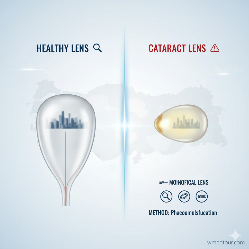 Illustration of a human eye undergoing cataract surgery, showing the removal of a cloudy natural lens and the implantation of a clear artificial intraocular lens (IOL) to restore sharp vision.
