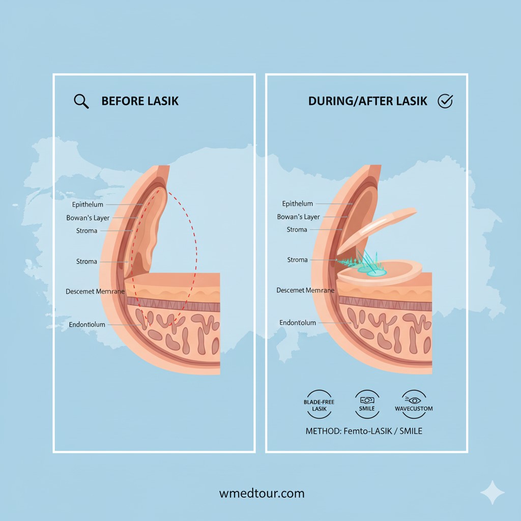 Detailed illustration of the LASIK procedure showing a laser reshaping the cornea under a protective flap to correct nearsightedness, farsightedness, and astigmatism in a Turkish eye clinic.