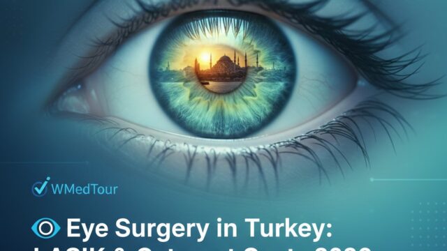 Infographic showing 2026 eye surgery costs in Turkey, comparing LASIK, cataract smart lens (IOL), and SMILE laser procedures against UK and USA prices to show medical tourism savings.
