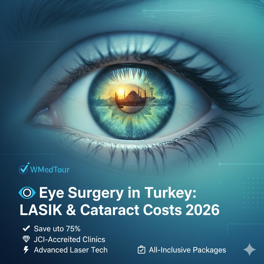 Infographic showing 2026 eye surgery costs in Turkey, comparing LASIK, cataract smart lens (IOL), and SMILE laser procedures against UK and USA prices to show medical tourism savings.