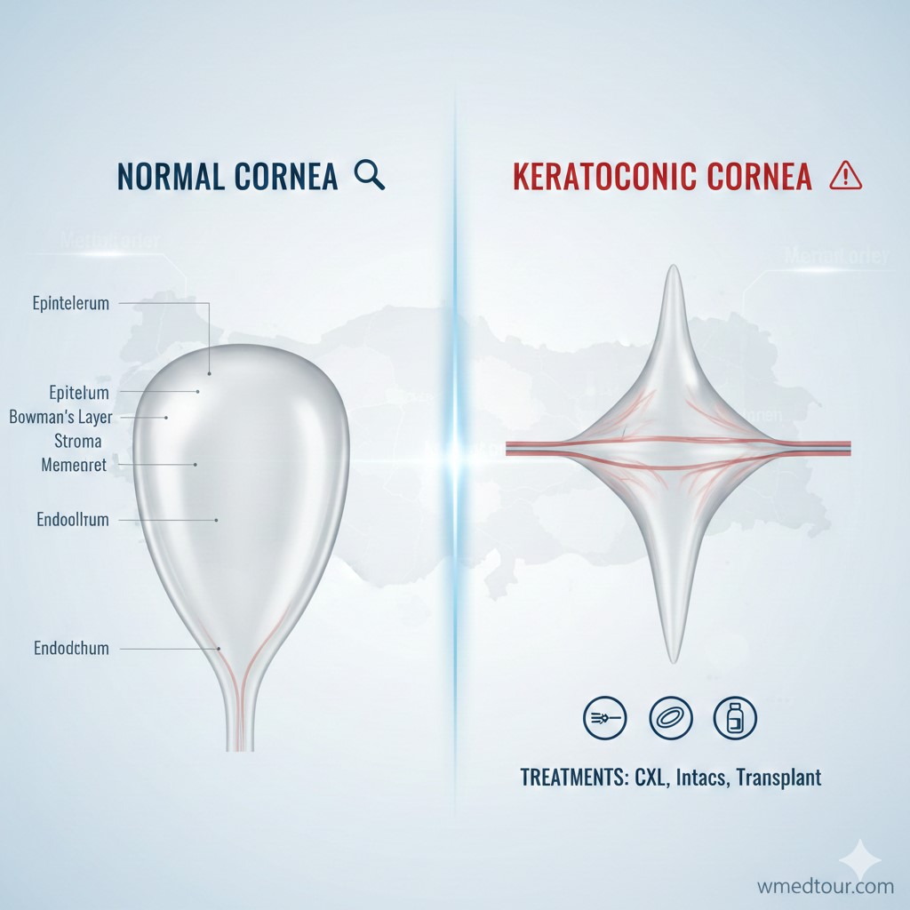 Diagram comparing a normal rounded cornea with a thin, bulging keratoconic cornea, highlighting treatments like CXL, Intacs, and transplants for patients seeking eye surgery in Turkey.